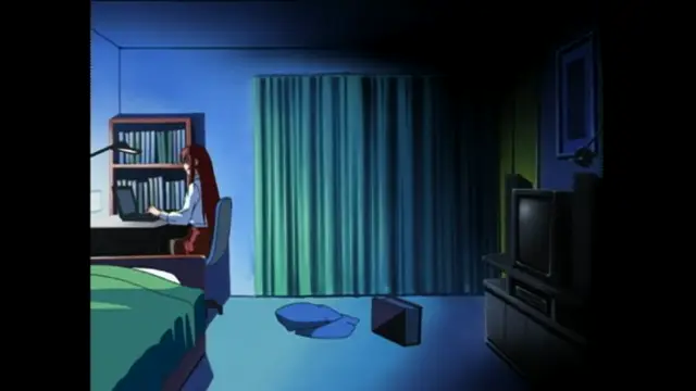 A girl with red hair sits at a desk in a dark room, working on a laptop in front of a bookshelf. Screenshot from Bible Black - Episode 4