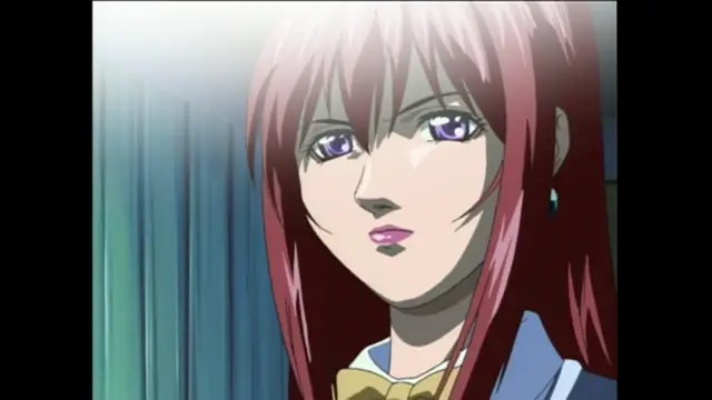 An anime woman with long reddish-pink hair and purple eyes wears a blue school uniform with a yellow bow. Screenshot from Bible Black - Episode 4