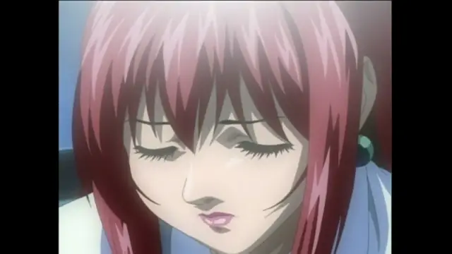 A close-up shot of an anime girl with reddish-pink hair and closed eyes, featuring a slightly parted mouth and a look of dazed pleasure. Screenshot from Bible Black - Episode 4