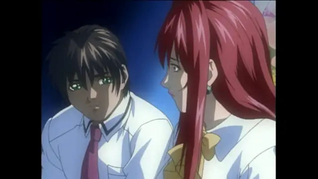 A high school boy with short black hair and a school uniform looks with a startled expression at a red-haired girl with a bow tie standing next to him. Screenshot from Bible Black - Episode 4