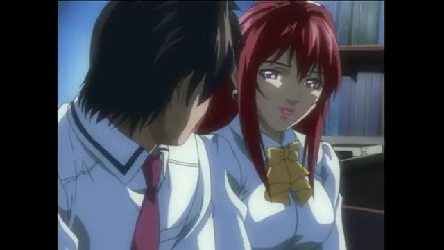 A high school boy and a red-haired girl in school uniforms stand close together in a library, with the girl looking at him with a seductive expression. Screenshot from Bible Black - Episode 4