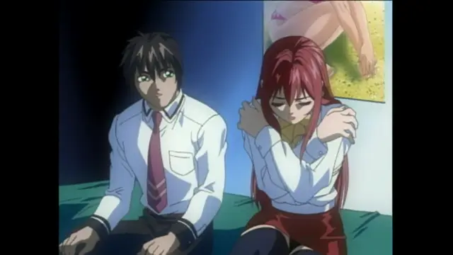 A black-haired male student in a white dress shirt and tie sits next to a red-haired female student in a school uniform who is clutching her chest with a distressed expression in a room with a large poster of a nude woman on the wall. Screenshot from Bible Black - Episode 4