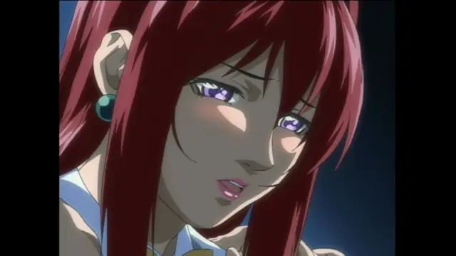 An anime girl with long red hair and purple eyes looks downward with a blushing face and a slight smile. Screenshot from Bible Black - Episode 4