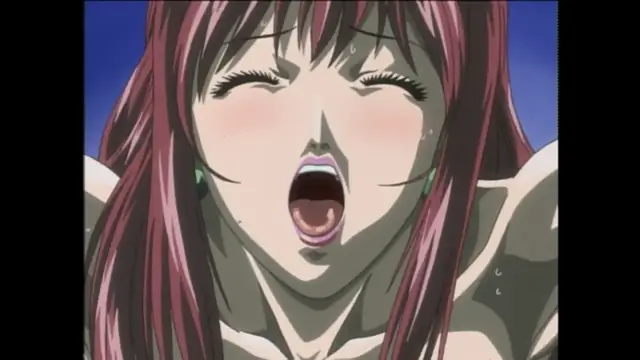A close-up shot of a red-haired anime woman with closed eyes, a blushing face, and an open mouth as if crying out in pleasure. Screenshot from Bible Black - Episode 5