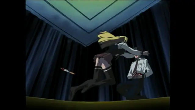 A blonde-haired woman in a school uniform is being pushed onto a stage by a man in a white jacket, while a knife flies through the air. Screenshot from Bible Black - Episode 5