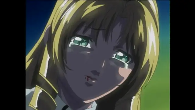 A close-up of a crying blonde anime girl with green eyes and a distressed expression. Screenshot from Bible Black - Episode 5