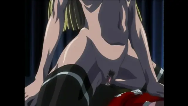A close-up anime shot shows a muscular male character with blonde hair on his head and groin, kneeling with his genitals exposed. Screenshot from Bible Black - Episode 5
