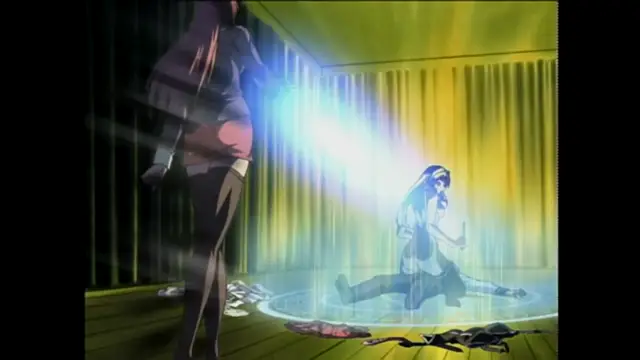 A dark-haired woman in a black dress stands in a yellow room, holding a glowing blue orb while another woman with blue hair is restrained in a magical circle on the floor. Screenshot from Bible Black - Episode 5