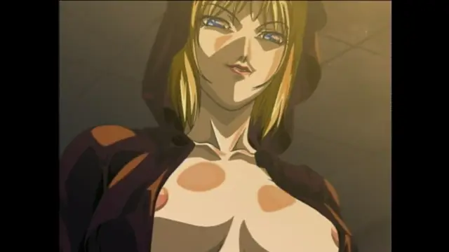 A blonde woman with blue eyes and a smirk wears an open hoodie, revealing her large breasts with prominent areolae. Screenshot from Bible Black - Episode 5