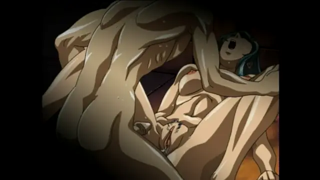 An anime girl with long dark hair and blue eyes is being held down from behind by a muscular man, her face contorted in an expression of pleasure or distress as she lies on a bed under a large cloth. Screenshot from Bible Black - Episode 5