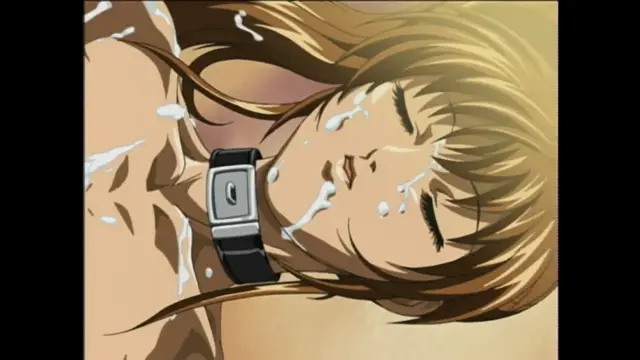 A close-up, side-profile shot of a woman with long blonde hair lying down with her eyes closed, her skin covered in white fluid, wearing a black choker with a silver buckle. Screenshot from Bible Black - Episode 5