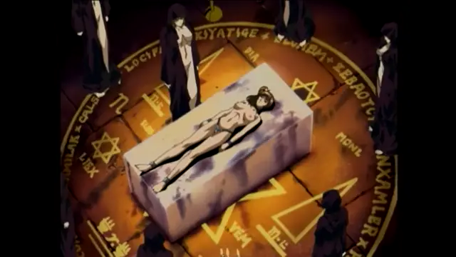 A nude woman with long dark hair lies on a stone slab in the center of a glowing magic circle, surrounded by cloaked figures in a dark, ritualistic setting. Screenshot from Bible Black - Episode 5
