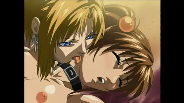 A blonde anime woman with a collar and piercings gazes intensely at a second girl whose eyes are closed while she leans against the first woman's shoulder. Screenshot from Bible Black - Episode 5