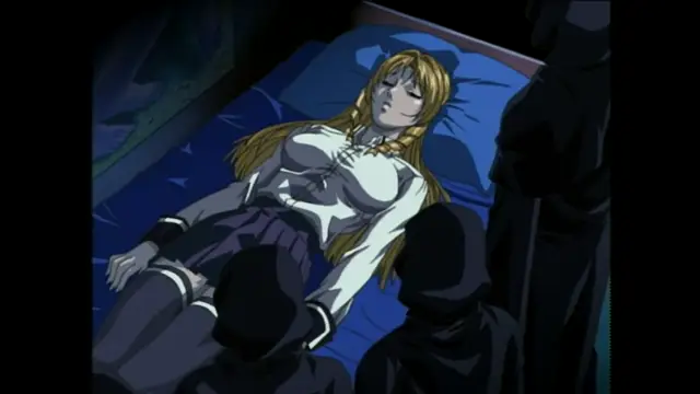 A blonde woman in a white shirt and dark skirt lies on a bed, surrounded by cloaked figures, with the subtitle "So, you've been caught" appearing at the bottom. Screenshot from Bible Black - Episode 5