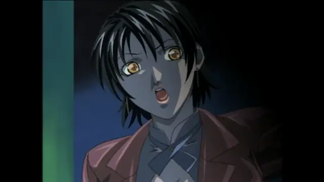 A shocked-looking anime girl with short black hair and golden eyes wears a brown jacket over a blue and grey garment. Screenshot from Bible Black - Episode 5
