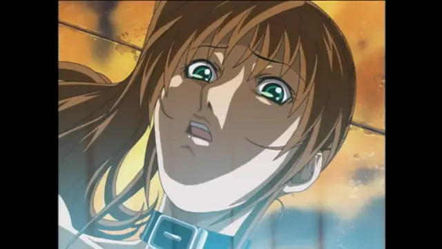 A close-up shot of a brown-haired anime girl with wide green eyes and an open mouth, wearing a blue choker, looking upward with a strained expression. Screenshot from Bible Black - Episode 6