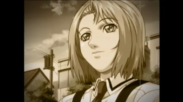 A smiling anime girl with blonde hair and large eyes, wearing a school uniform with a tie and suspenders, stands in an outdoor urban setting. Screenshot from Bible Black - Episode 6