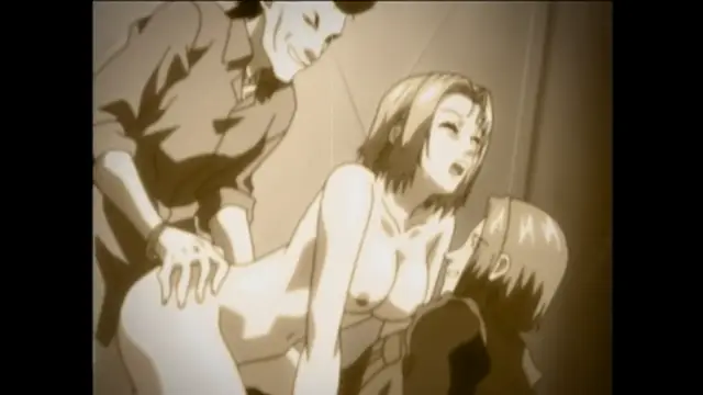 A nude woman with short blonde hair is being penetrated from behind by a man while another man stands over her, looking on as she has an expression of pleasure on her face. Screenshot from Bible Black - Episode 6