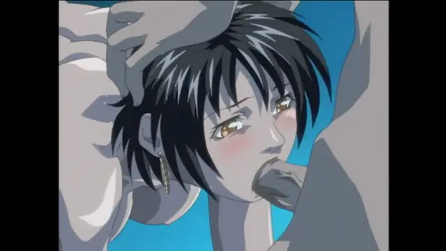 A short-haired anime woman with blushing cheeks and dangling earrings looks up with a dazed expression as she is positioned between a man's large hands and is being filled with a thick penis. Screenshot from Bible Black - Episode 6
