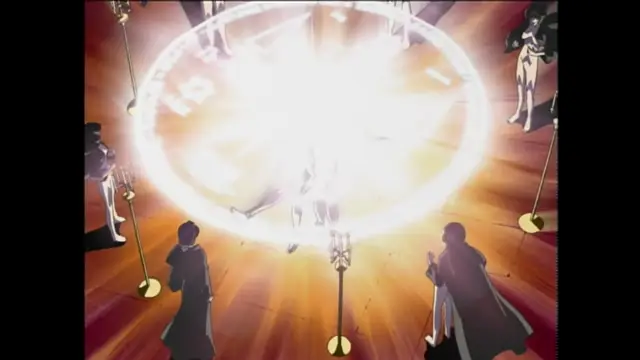 A girl is suspended in the air inside a glowing magical circle as two men in robes stand on the floor watching her. Screenshot from Bible Black - Episode 6