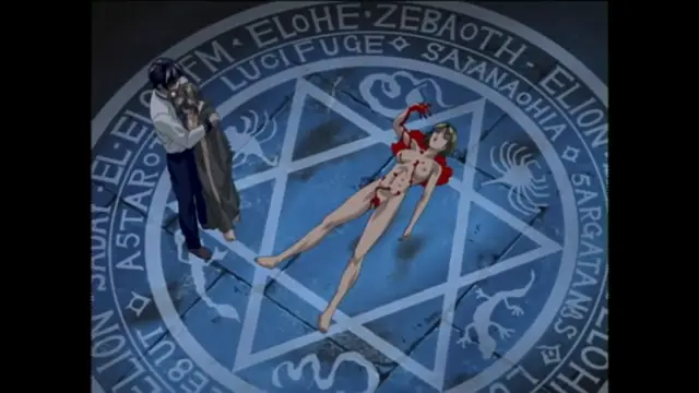 A man in a dark suit and coat stands looking down at a naked woman with breast piercings lying on a large magical circle inscribed with occult symbols and names like "ELOHIM" and "Zebaoth," while the woman's hands are tied behind her back. Screenshot from Bible Black - Episode 6