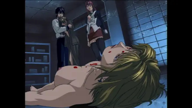 A shirtless, bleeding male character lies face-down on a floor in a dimly lit room while two women, one in a school uniform and the other in casual clothes, stand over him and look down with neutral expressions. Screenshot from Bible Black - Episode 6