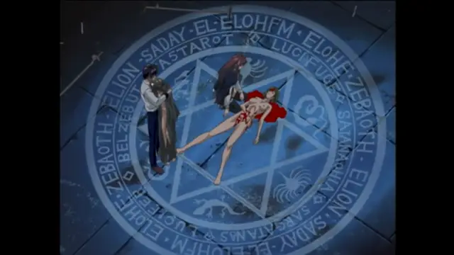 A female character in a red dress lies on a blue magic circle being penetrated from behind by a dark-haired male character, while a hooded figure stands to the left and another long-haired woman watches from above. Screenshot from Bible Black - Episode 6