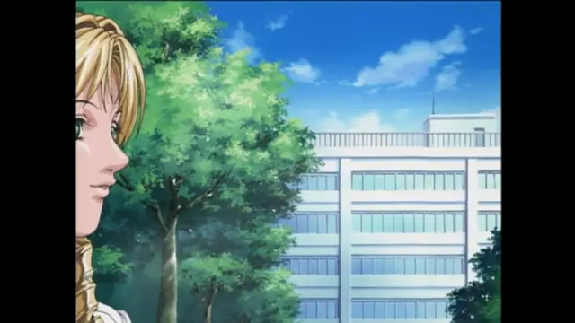 A blonde-haired girl with a neutral expression stands in the foreground, looking towards a multi-story office building framed by lush green trees under a clear blue sky. Screenshot from Bible Black - Episode 6