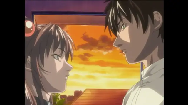 A close-up shot shows a girl with long hair and a small red hair ornament on her head looking intently at a black-haired man with green eyes against a background of a vibrant orange sunset. Screenshot from Bible Black - Episode 6