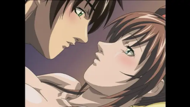 A close-up anime-style shot depicts a man leaning over a reclining woman with blushing faces and wide eyes, capturing an intimate and sexual moment. Screenshot from Bible Black - Episode 6