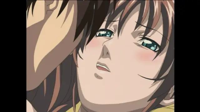 A close-up anime frame shows a girl with brown hair and blue eyes blushing while a man's face is pressed against her, his mouth near her ear. Screenshot from Bible Black - Episode 6