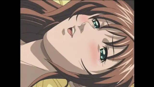 A close-up shot of a blushing anime girl with long brown hair lying down and looking up with a dazed expression. Screenshot from Bible Black - Episode 6