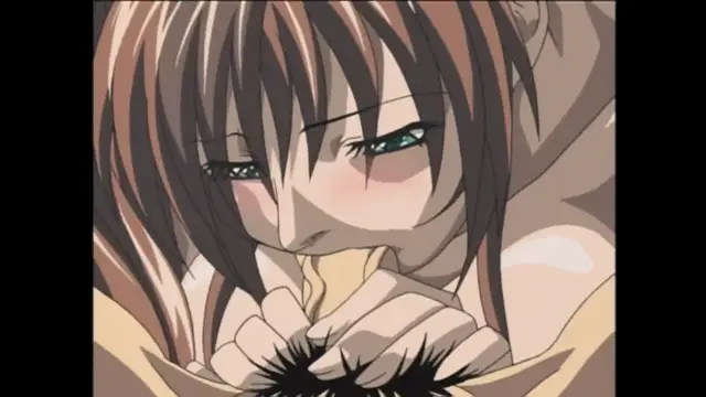 A close-up shot shows a woman with long brown hair and a blushing face looking down with a dazed expression while her hands are bound together in front of her. Screenshot from Bible Black - Episode 6