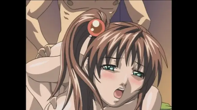 A brown-haired girl with a red hairband looks down with a blushing, surprised expression while being held in the lap of a shirtless man. Screenshot from Bible Black - Episode 6