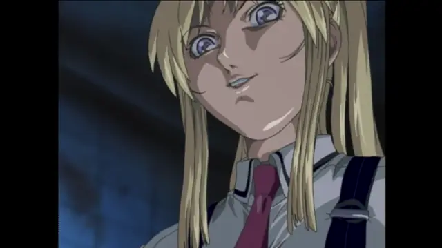 A close-up shot shows a blonde anime girl with a mischievous expression, wearing a school uniform with a tie and suspenders. Screenshot from Bible Black - Episode 6