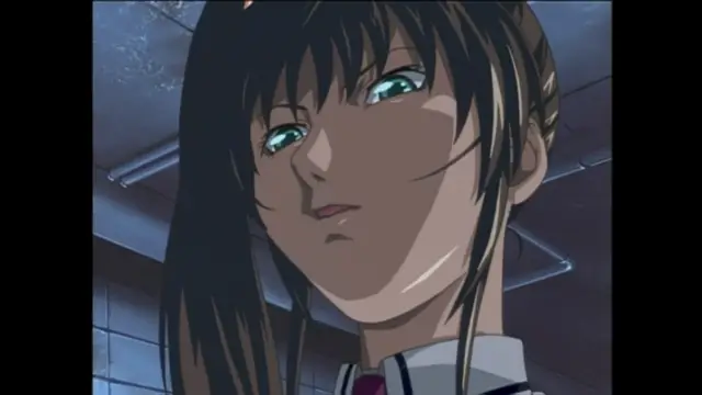 A close-up shot of an anime girl with long dark hair and a school uniform, looking towards the camera with a slightly dazed and moist expression. Screenshot from Bible Black - Episode 6