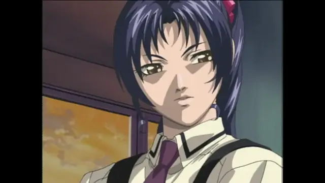 An anime girl with dark purple hair and a serious expression wears a school uniform with a tie and suspenders, looking slightly to the side. Screenshot from Bible Black Origins - Episode 1