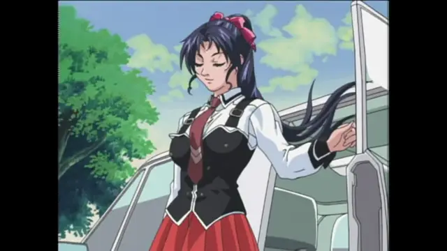 A woman in a school uniform with long black hair and red ribbons stands next to an open car door in a forest setting. Screenshot from Bible Black Origins - Episode 1
