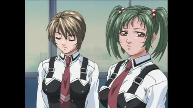Two anime girls in school uniforms with ties and black vests stand together looking distressed against a cityscape backdrop. Screenshot from Bible Black Origins - Episode 1