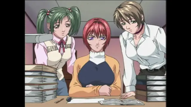 A girl with short red hair sits at a desk with her arms crossed while a woman with pigtails and a man in a white shirt stand over her, looking concerned. Screenshot from Bible Black Origins - Episode 1