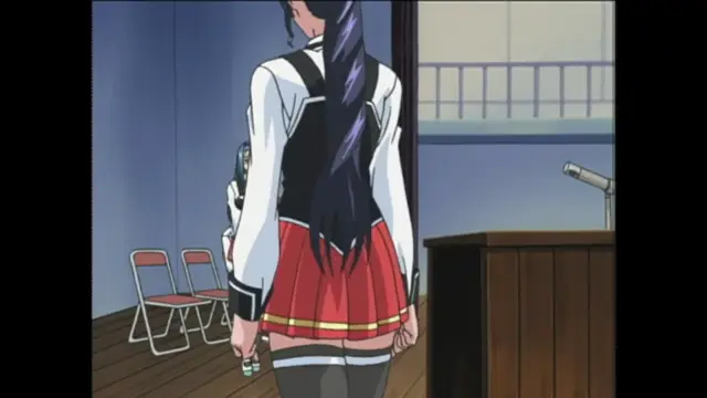A girl with long purple hair and a school uniform stands with her back to the camera in a classroom, looking toward a girl sitting at a desk. Screenshot from Bible Black Origins - Episode 1