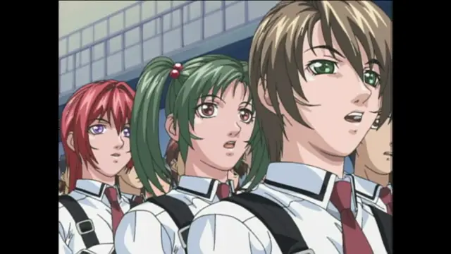 A group of high school students in white uniforms and red ties stand together, with a girl with green pigtails and a boy with brown hair in the foreground looking surprised. Screenshot from Bible Black Origins - Episode 1