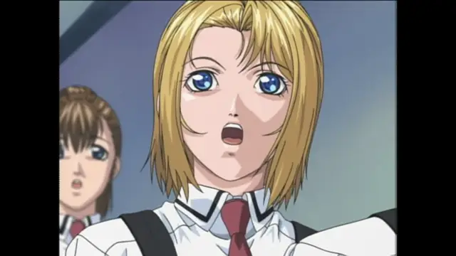 A blonde girl with large blue eyes and a shocked expression stands in the foreground wearing a school uniform, while another girl with brown hair looks on from behind her. Screenshot from Bible Black Origins - Episode 1