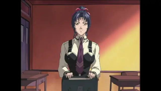 A school teacher wearing a white collared shirt, a tie, and a black corset stands at the front of a classroom, gripping a podium. Screenshot from Bible Black Origins - Episode 1