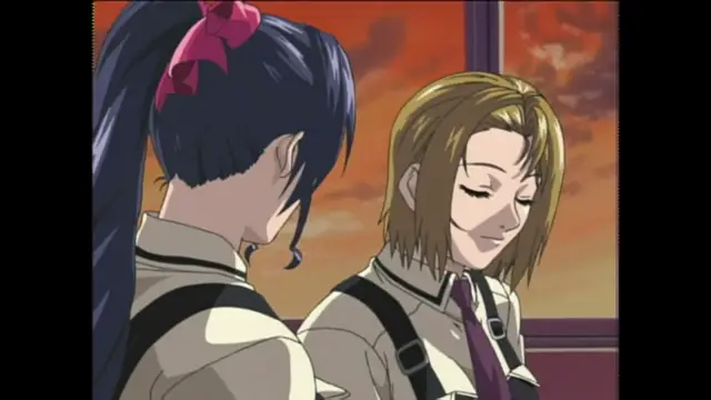 A blue-haired anime girl and a blonde-haired anime girl with a sly smile both wear school uniforms and black harnesses, standing in a room with a window showing a sunset. Screenshot from Bible Black Origins - Episode 1