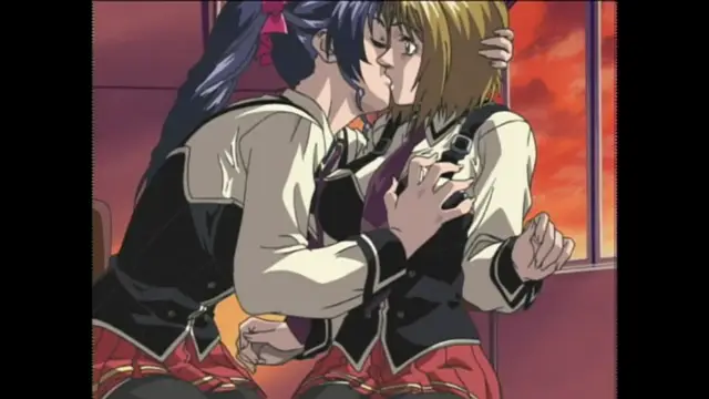 A blue-haired girl with a ponytail and a blonde-haired girl in school uniforms are shown kissing passionately in a train car, with the blonde girl's hands on the other's chest and face. Screenshot from Bible Black Origins - Episode 1