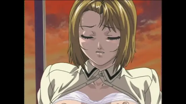 A close-up shot of a blonde woman with a distressed expression and sweat on her face, wearing a white button-up shirt pulled open to reveal her breasts and white bra. Screenshot from Bible Black Origins - Episode 1