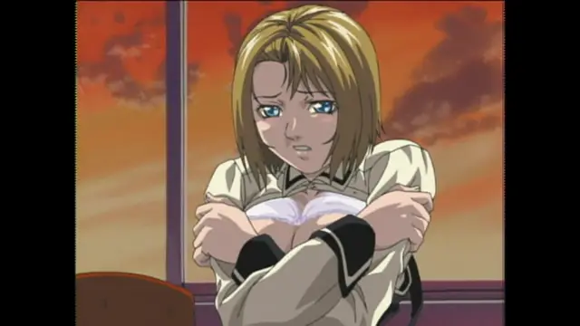 A blonde-haired anime woman in a white and black outfit with a shocked expression stands with her arms crossed while her large breasts are exposed, set against a sunset background. Screenshot from Bible Black Origins - Episode 1