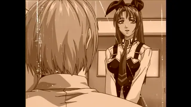 A girl in a school uniform with large hair ribbons and a tie stands and looks at a boy with her back to the viewer in a sepia-toned room. Screenshot from Bible Black Only - Episode 1