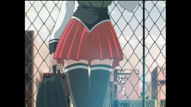 A girl in a school uniform with a short pleated skirt and over-the-knee socks stands in front of a chain-link fence looking at a city background. Screenshot from Bible Black Only - Episode 1